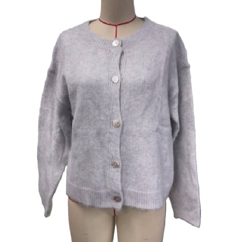Brushed Fuzzy Round Neck Knit Cardigan - Grey - 2