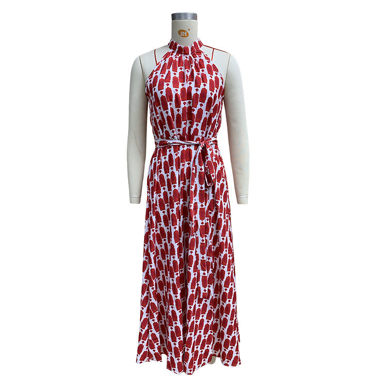 Halter Neck Split Front Printed Maxi Dress - Red