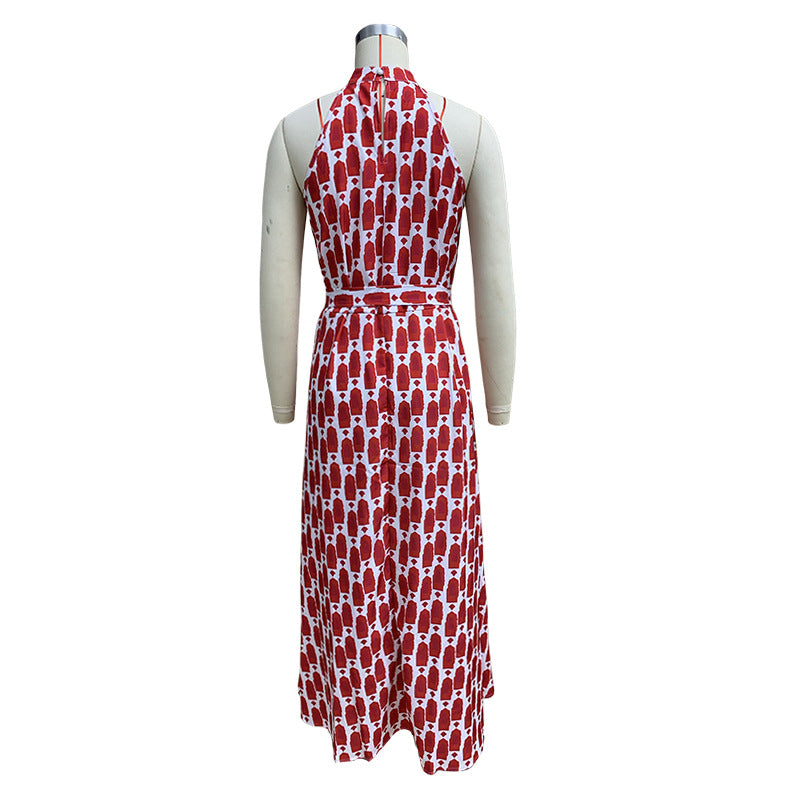 Halter Neck Split Front Printed Maxi Dress - Red - 2