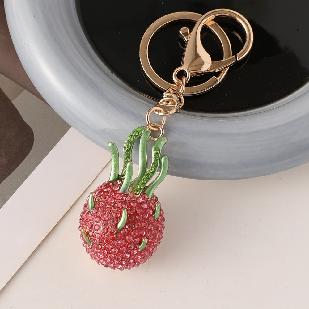 Rhinestone Dragon Fruit Keychain Charm - Pink