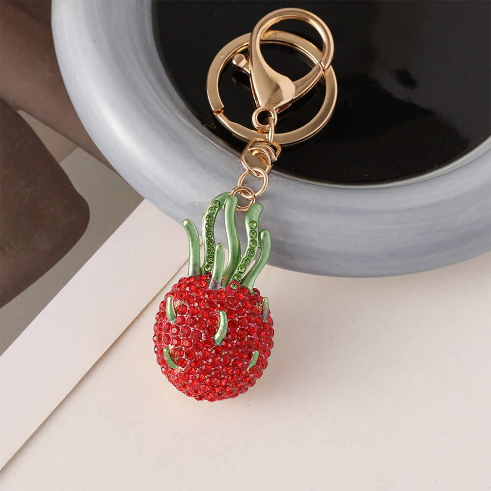 Rhinestone Dragon Fruit Keychain Charm - Red