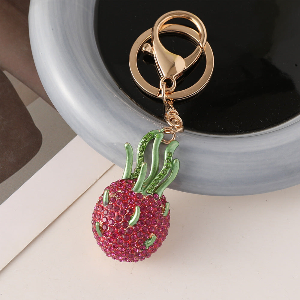 Rhinestone Dragon Fruit Keychain Charm - Rosered