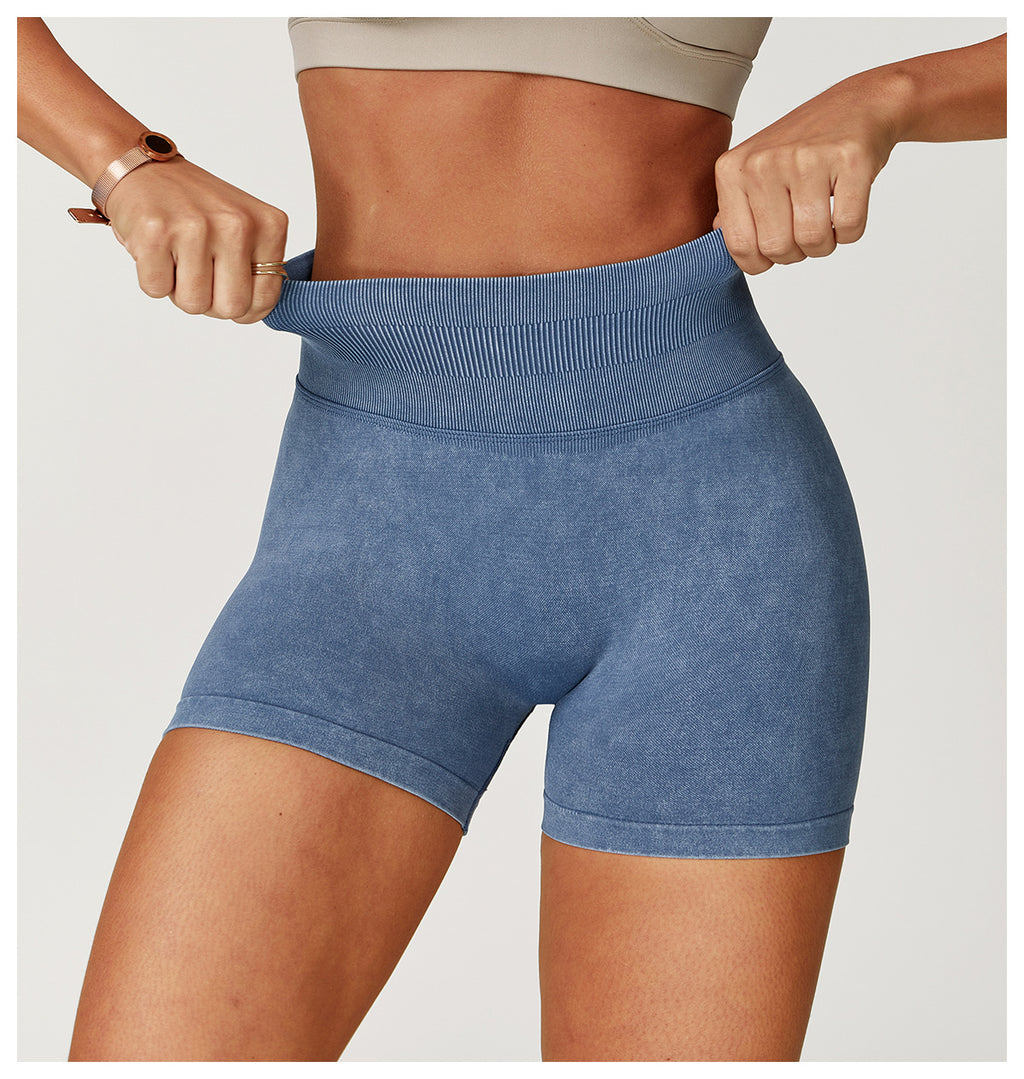 High-Waist Seamless Scrunch-Butt Washed Bike Shorts - Blue - 2