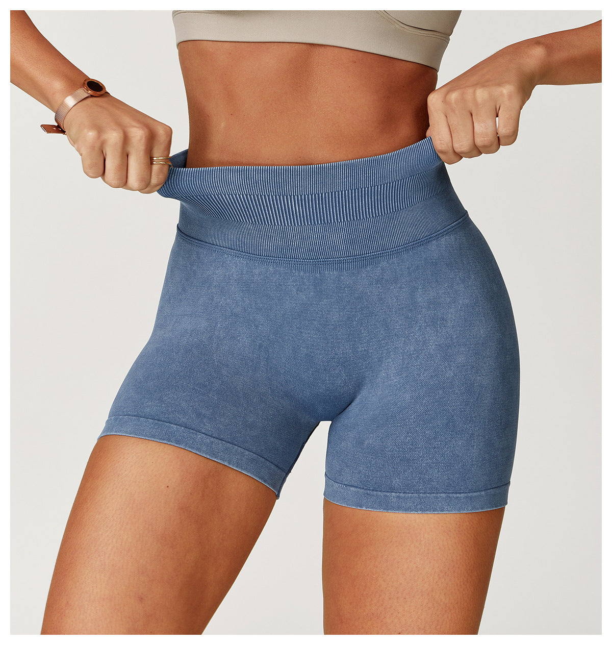High-Waist Seamless Scrunch-Butt Washed Bike Shorts - Blue - 2