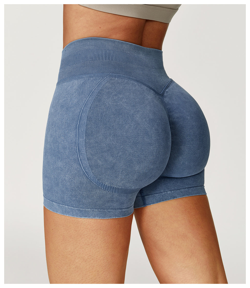 High-Waist Seamless Scrunch-Butt Washed Bike Shorts - Blue - 3