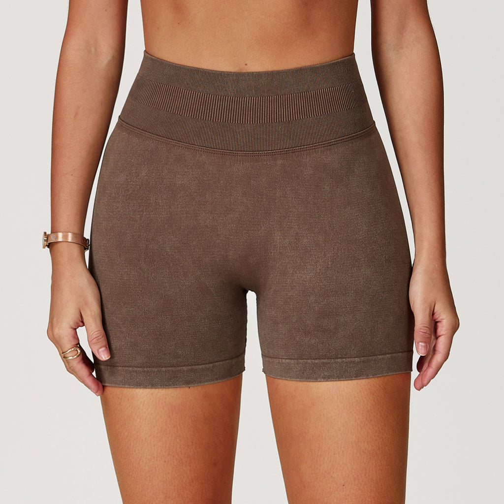 High-Waist Seamless Scrunch-Butt Washed Bike Shorts - Brown