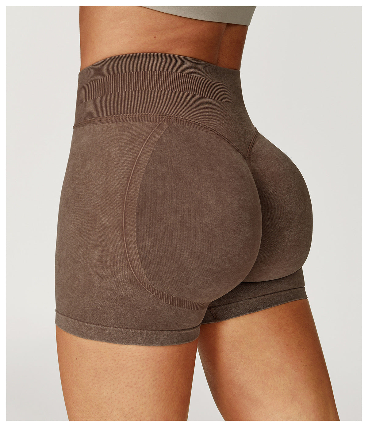 High-Waist Seamless Scrunch-Butt Washed Bike Shorts - Brown - 3