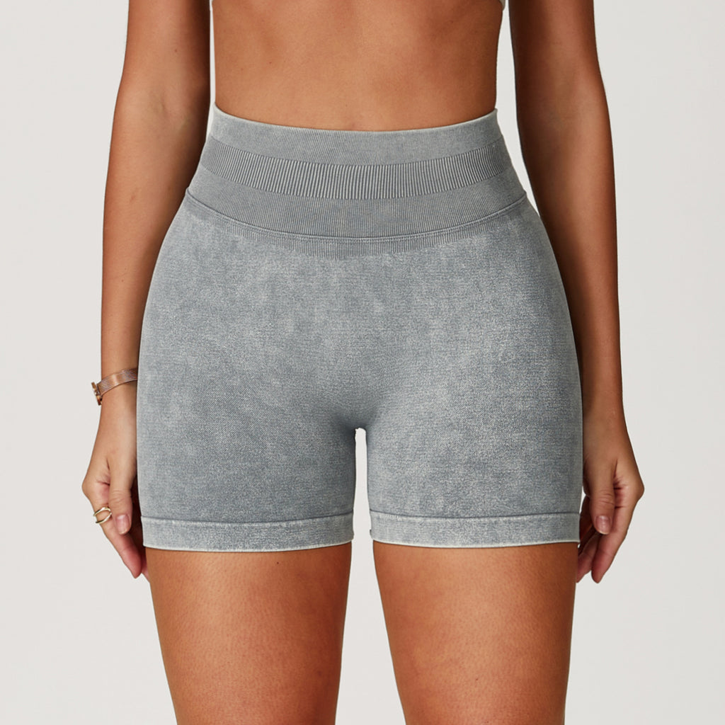 High-Waist Seamless Scrunch-Butt Washed Bike Shorts - Grey