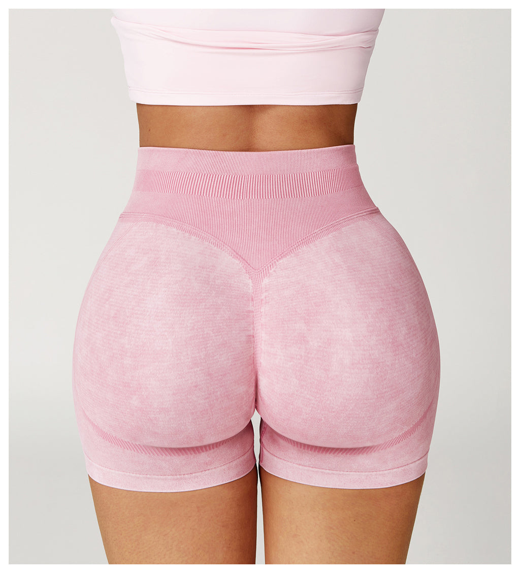 High-Waist Seamless Scrunch-Butt Washed Bike Shorts - Pink - 2