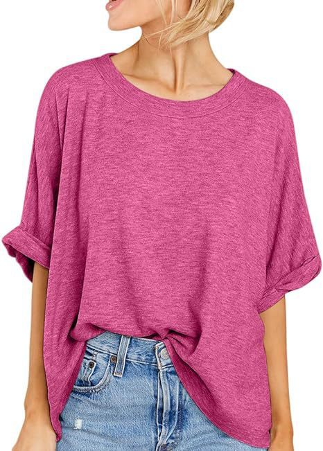 Oversized Drop Shoulder Short Sleeve Top - RoseRed
