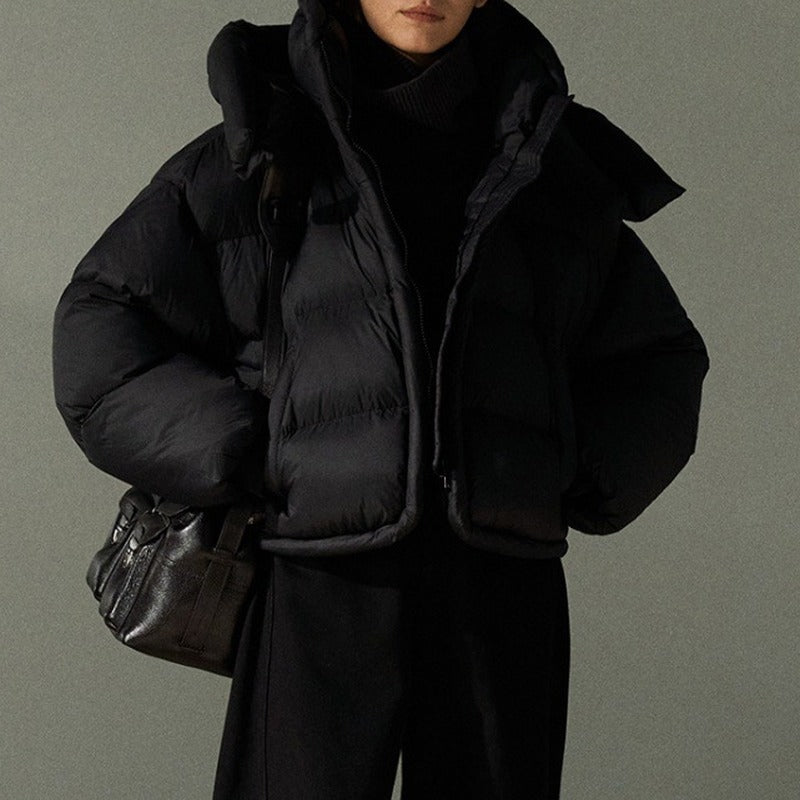 Piped Trim Hooded Oversized Cropped Puffer Jacket - Black
