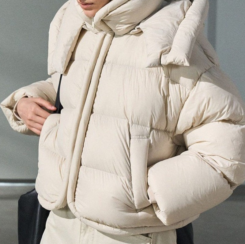 Piped Trim Hooded Oversized Cropped Puffer Jacket - Cream
