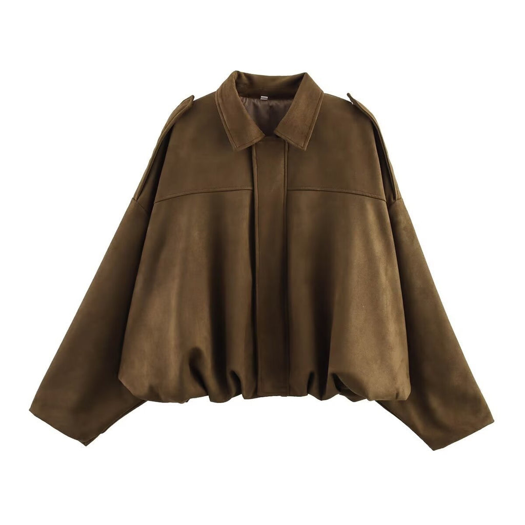 Oversized Faux Suede Bomber Jacket - Brown