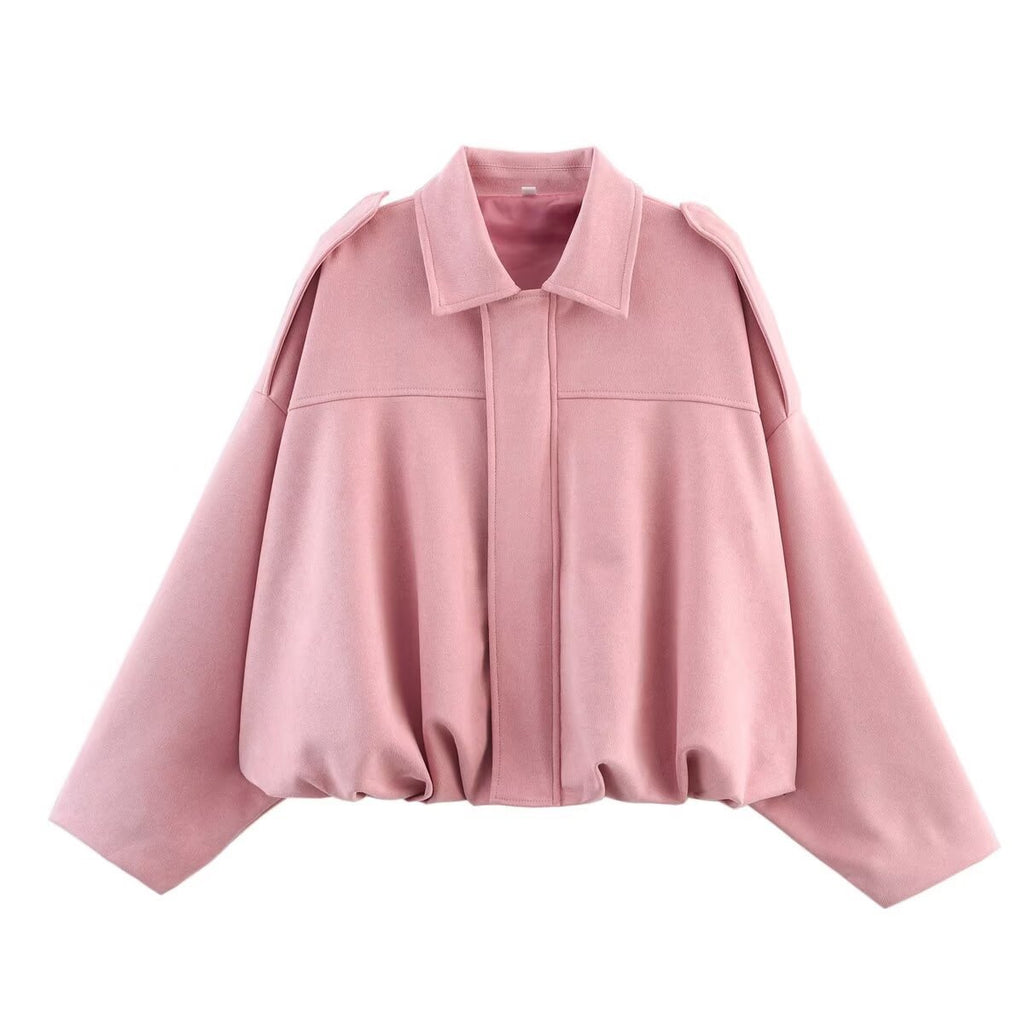 Oversized Faux Suede Bomber Jacket - Pink