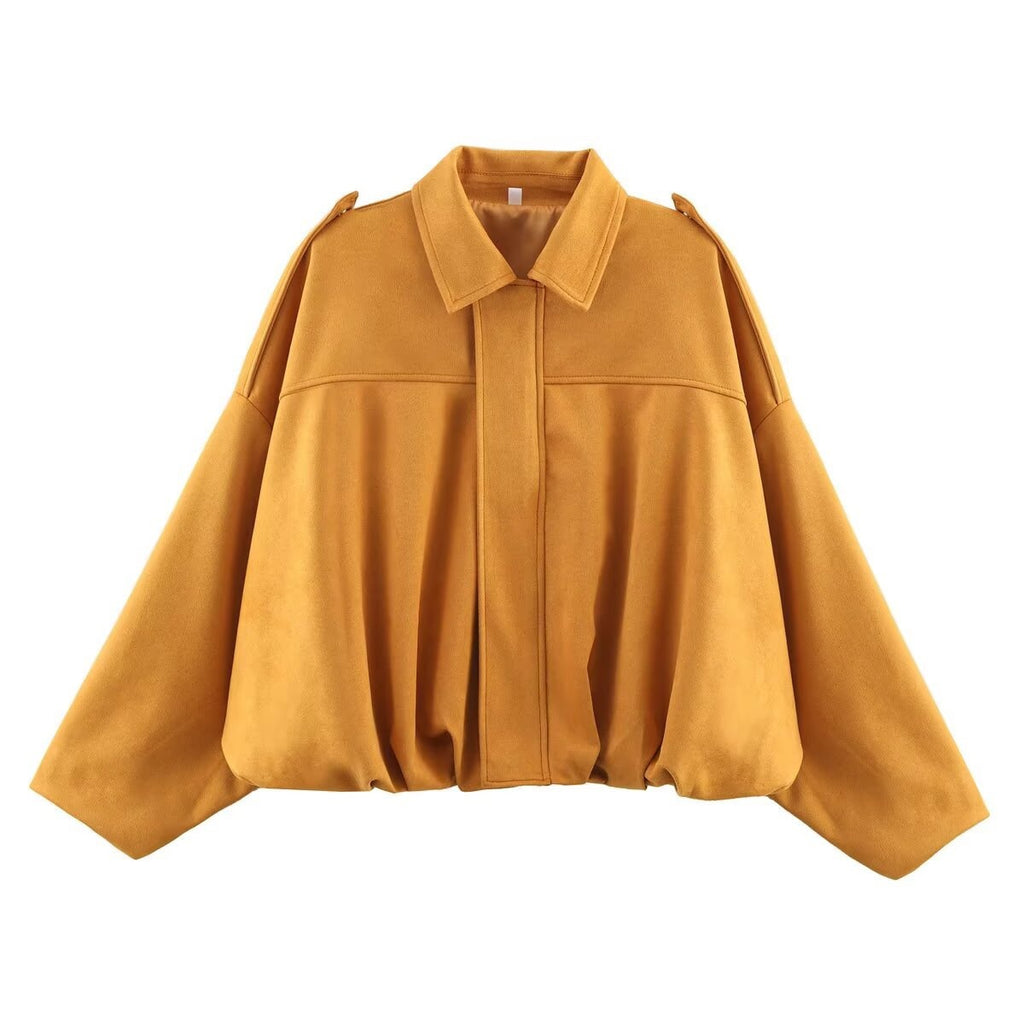 Oversized Faux Suede Bomber Jacket - Yellow