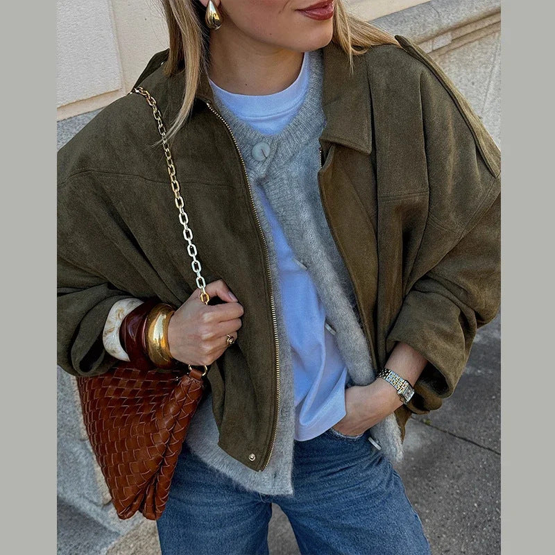 Oversized Faux Suede Bomber Jacket