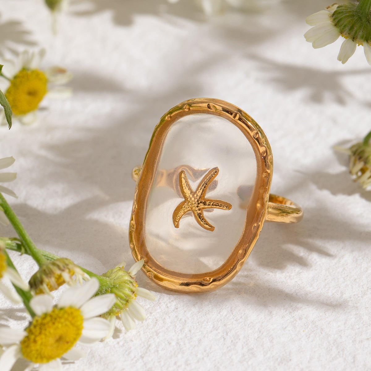 Starfish Charm Clear Resin Ring - Gold - 1