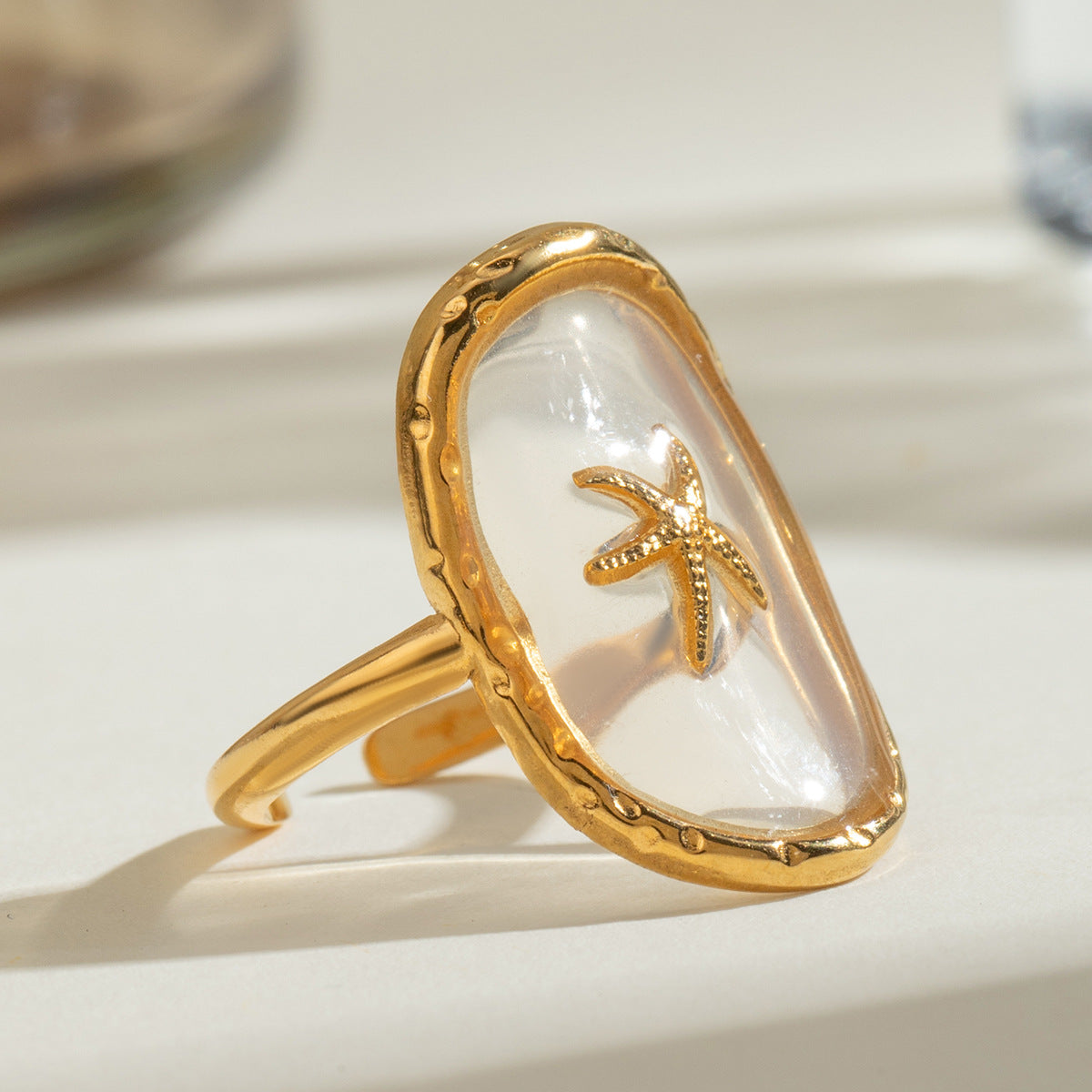 Starfish Charm Clear Resin Ring - Gold - 2