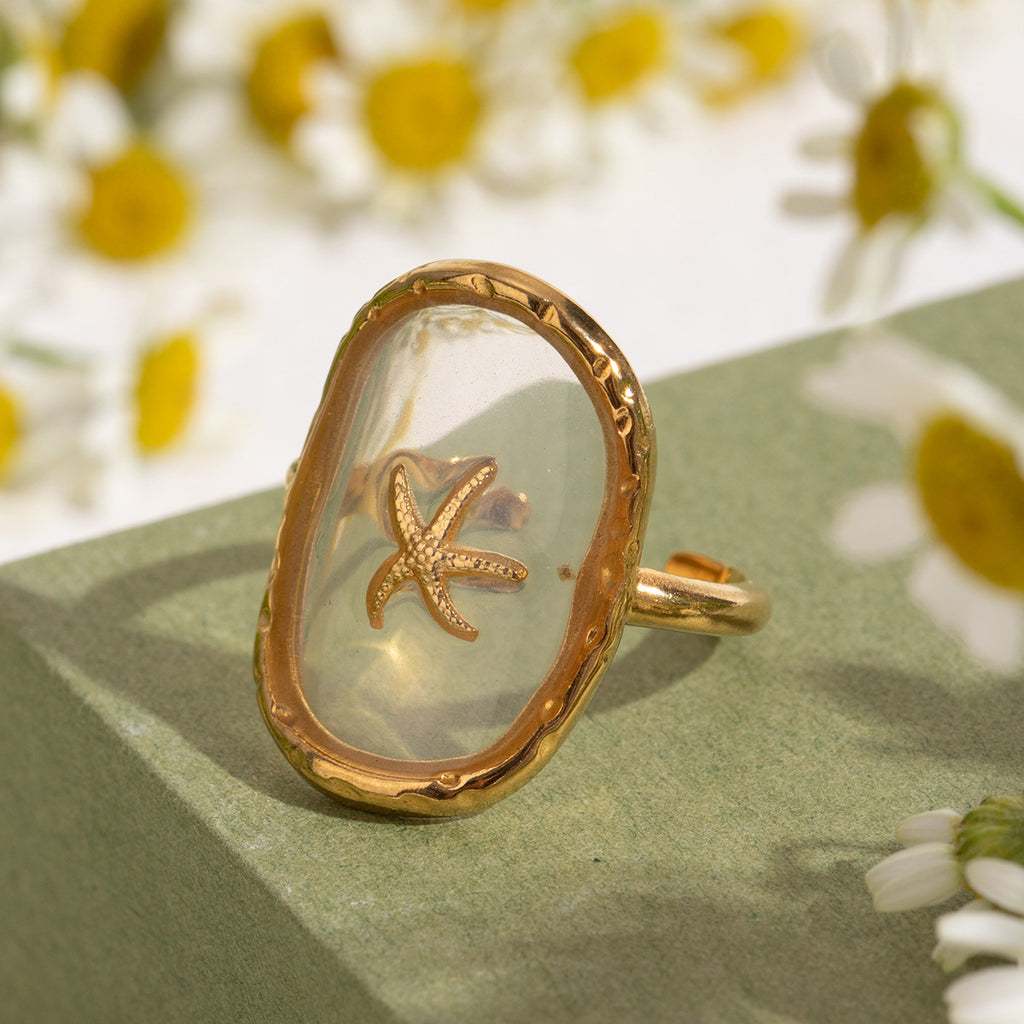 Starfish Charm Clear Resin Ring - Gold - 3