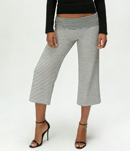 Fold Over Waist Wide Leg Knit Capri Pants - Gray Stripe