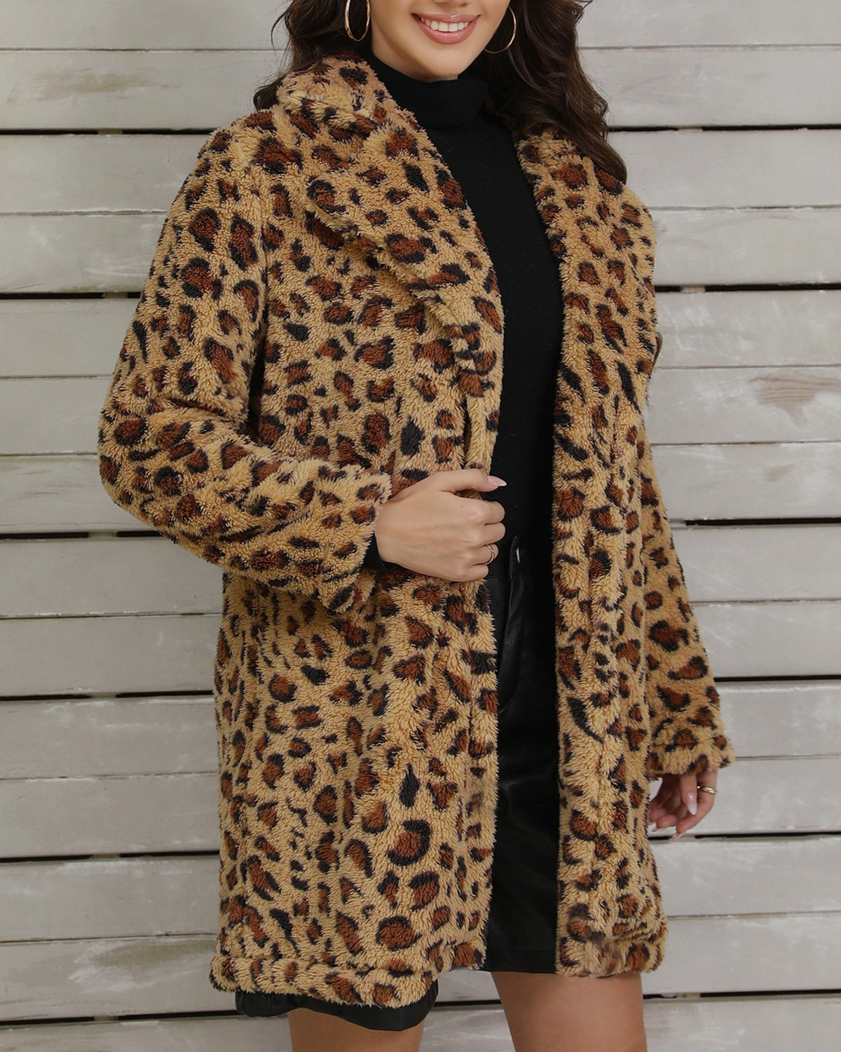Leopard Print Faux Fur Longline Jacket - Leopard - 1
