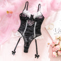 Floral Lace Ruffle Trim Underwire Garter Bodysuit - Black