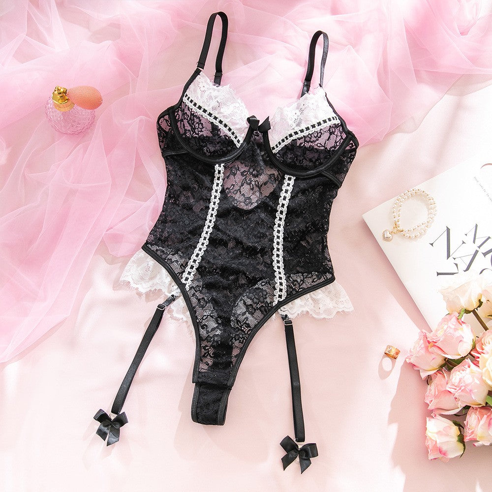 Floral Lace Ruffle Trim Underwire Garter Bodysuit - Black