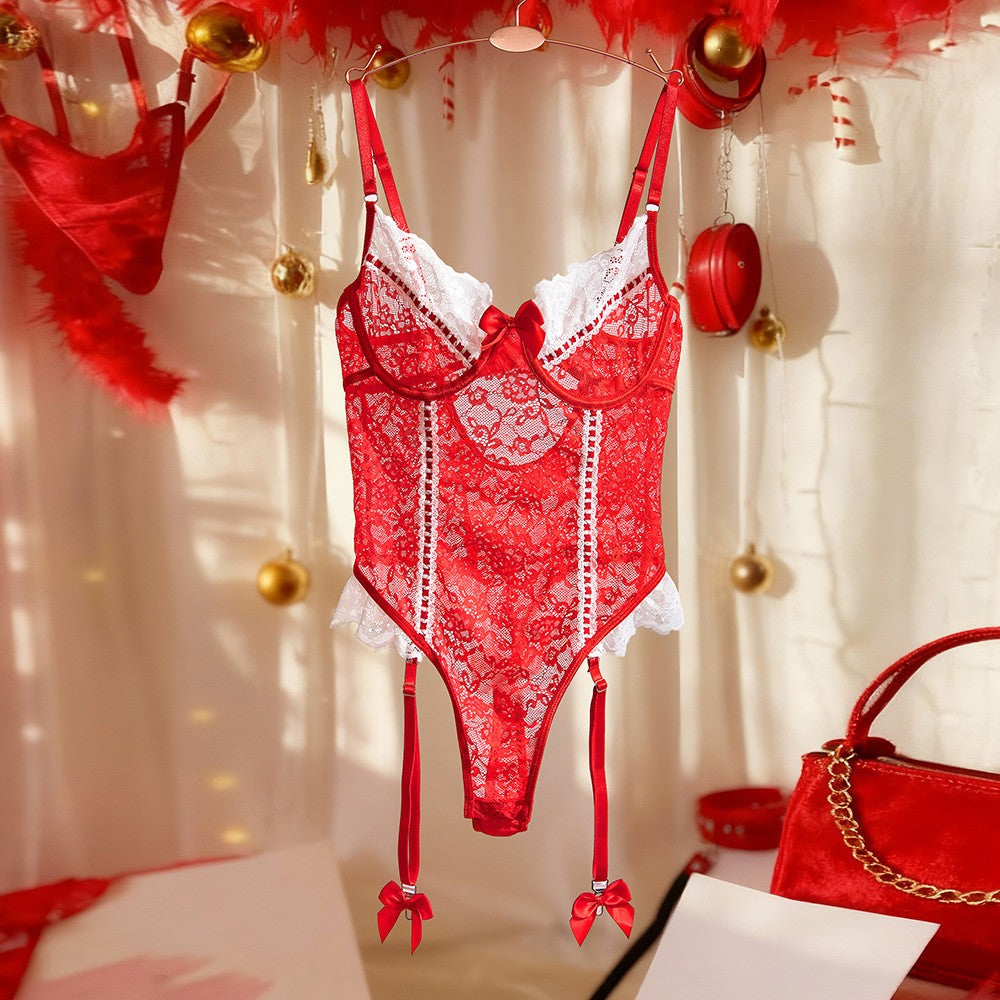 Floral Lace Ruffle Trim Underwire Garter Bodysuit - Red