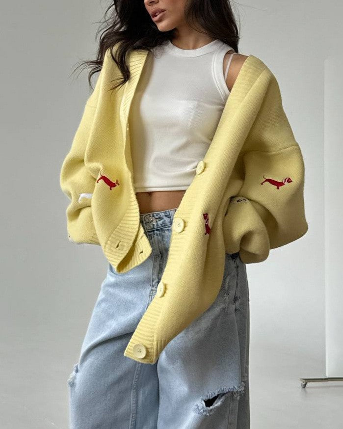 Embroidered Dachshund Slouchy V Neck Cardigan - Yellow