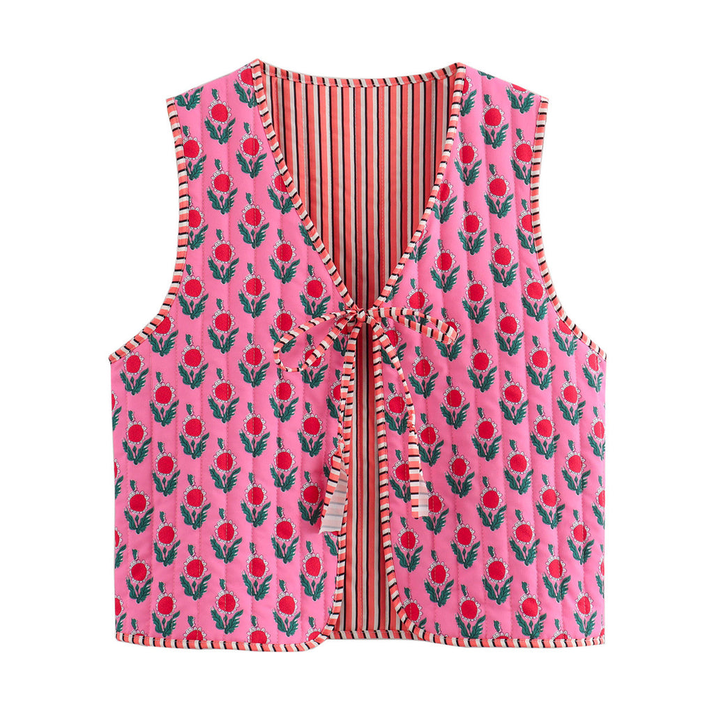 Floral Block Print Quilted Vest - Fuchsia
