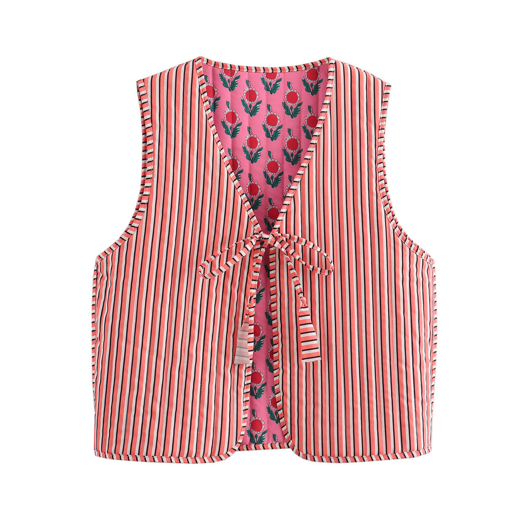 Floral Block Print Quilted Vest - Fuchsia - 1
