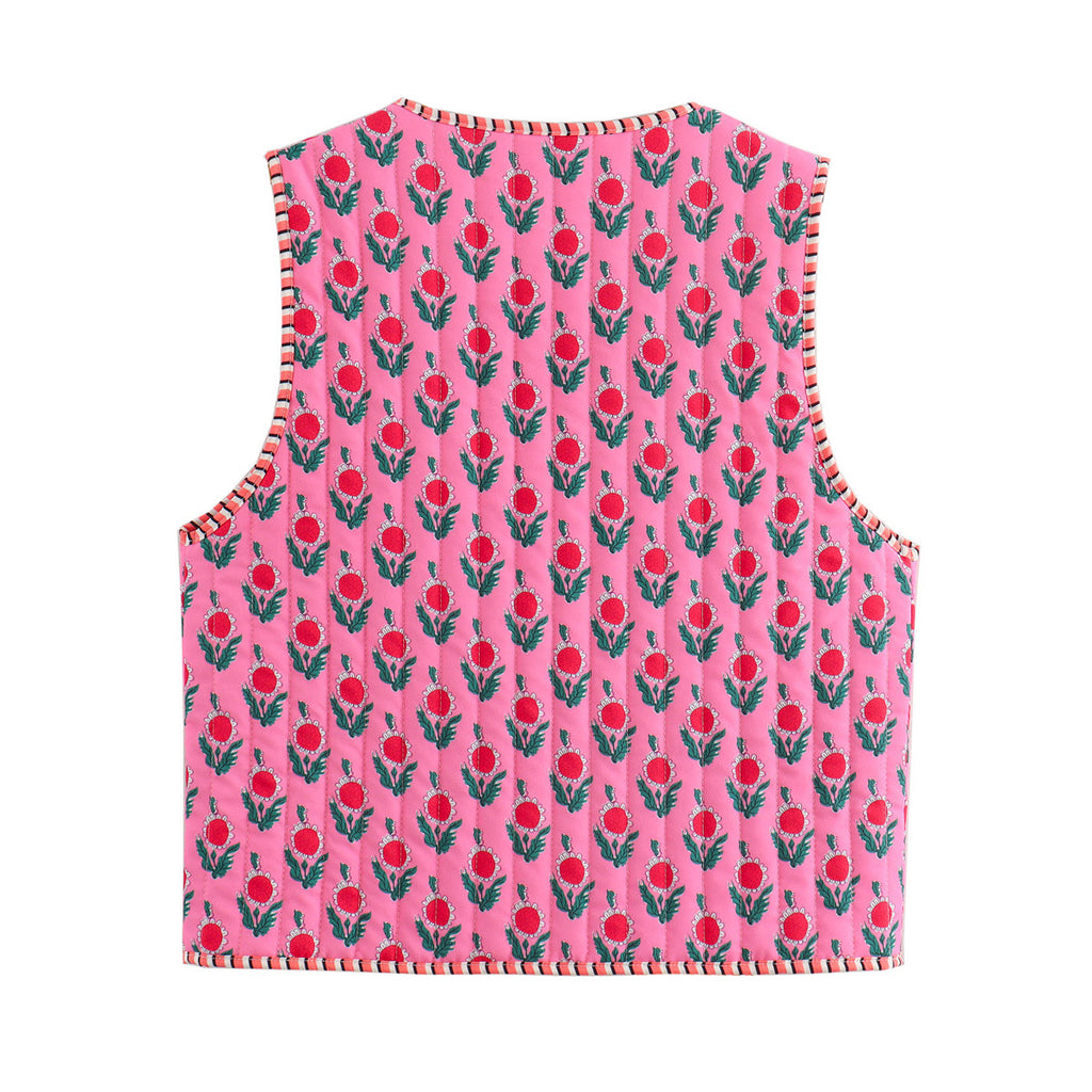 Floral Block Print Quilted Vest - Fuchsia - 6