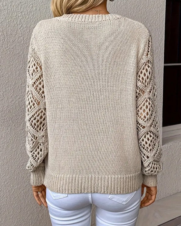 Pointelle Sleeve V Neck Knit Sweater - Apricot - 2