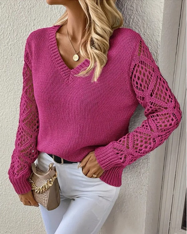 Pointelle Sleeve V Neck Knit Sweater - Rose-Red