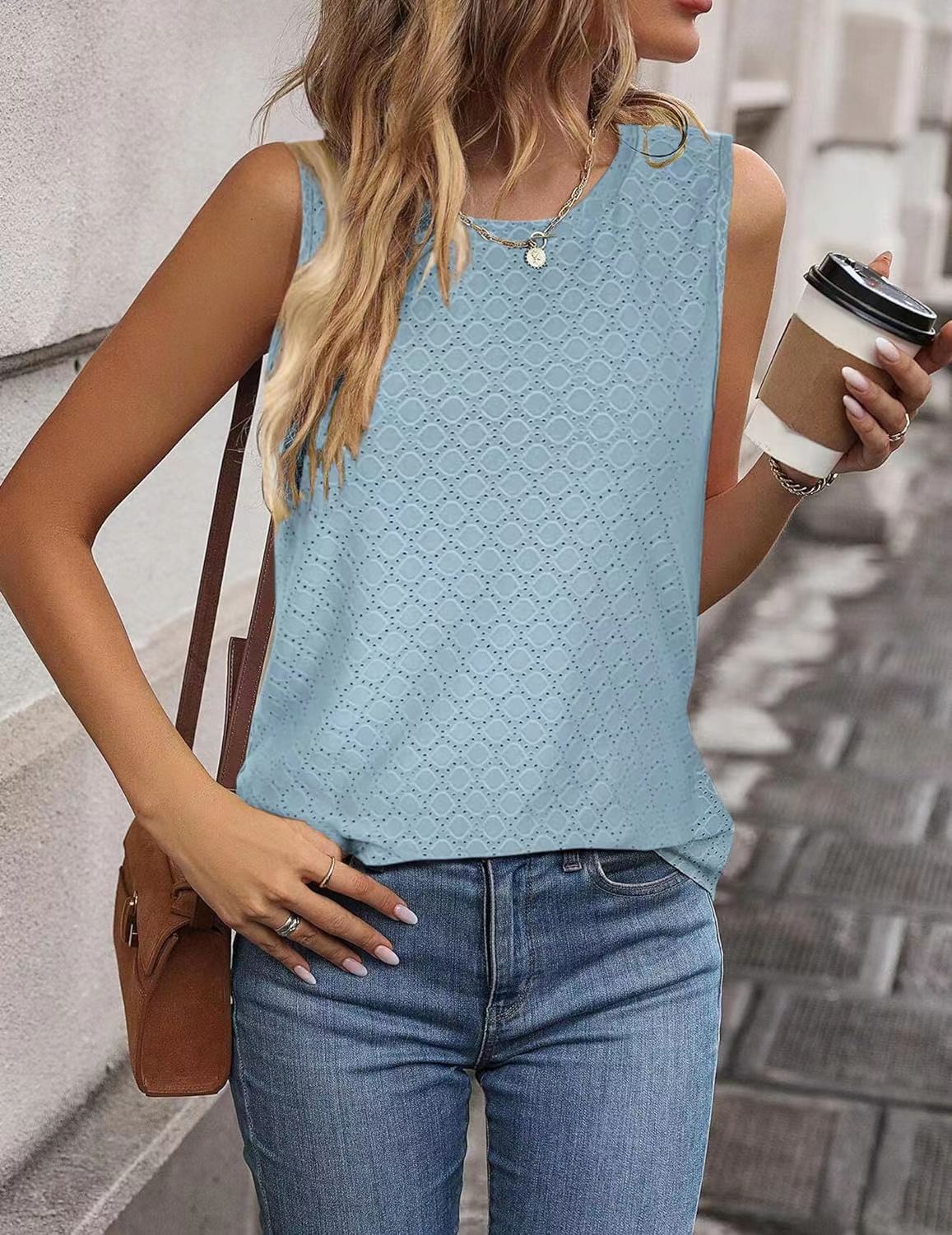 Eyelet Texture Round Neck Sleeveless Tank - Blue
