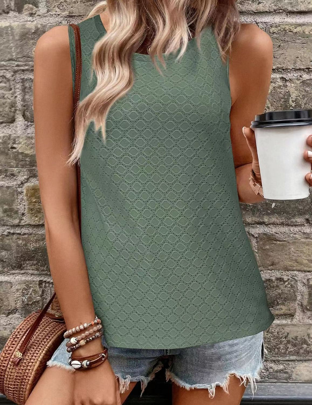 Eyelet Texture Round Neck Sleeveless Tank - Green