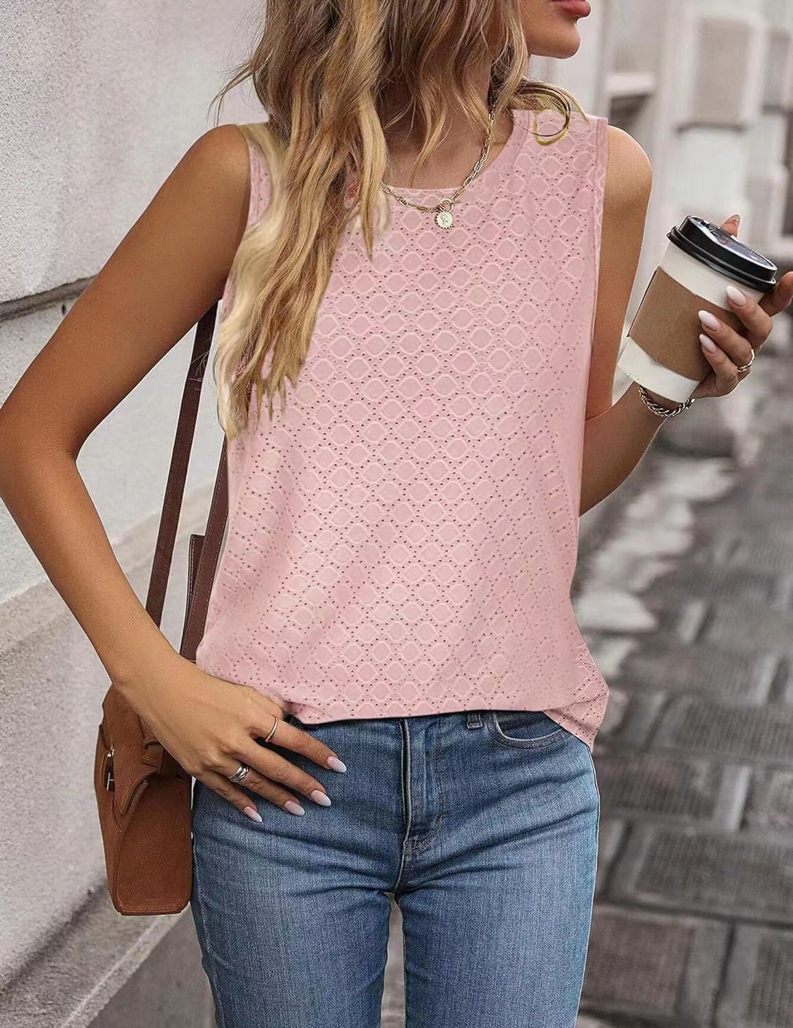 Eyelet Texture Round Neck Sleeveless Tank - LT-Pink