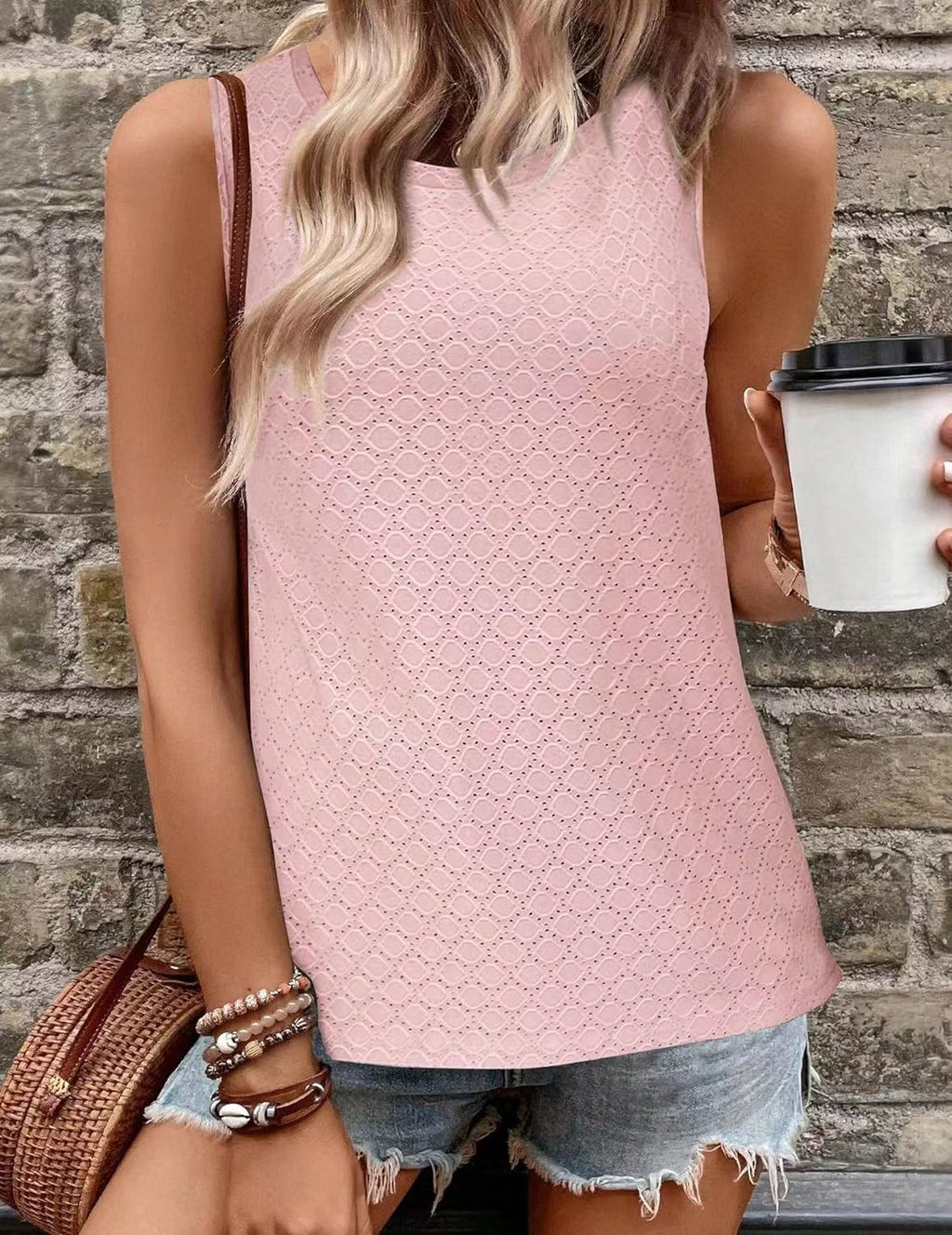 Eyelet Texture Round Neck Sleeveless Tank - LT-Pink - 1