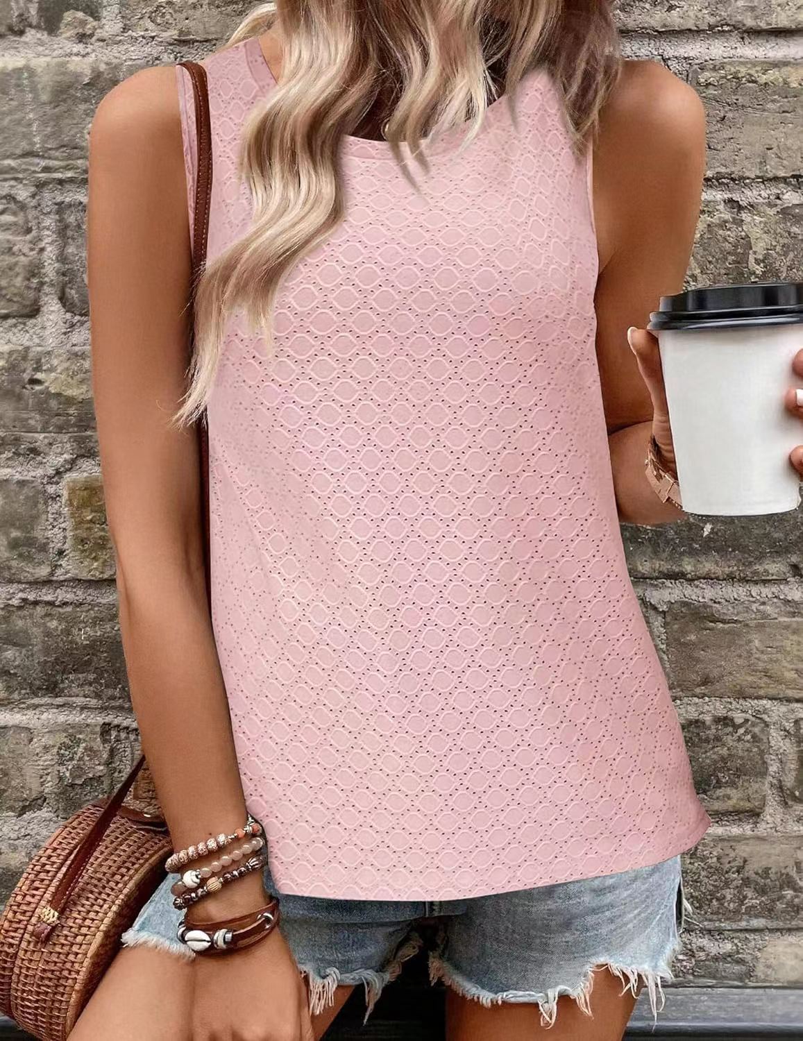 Eyelet Texture Round Neck Sleeveless Tank - LT-Pink - 1