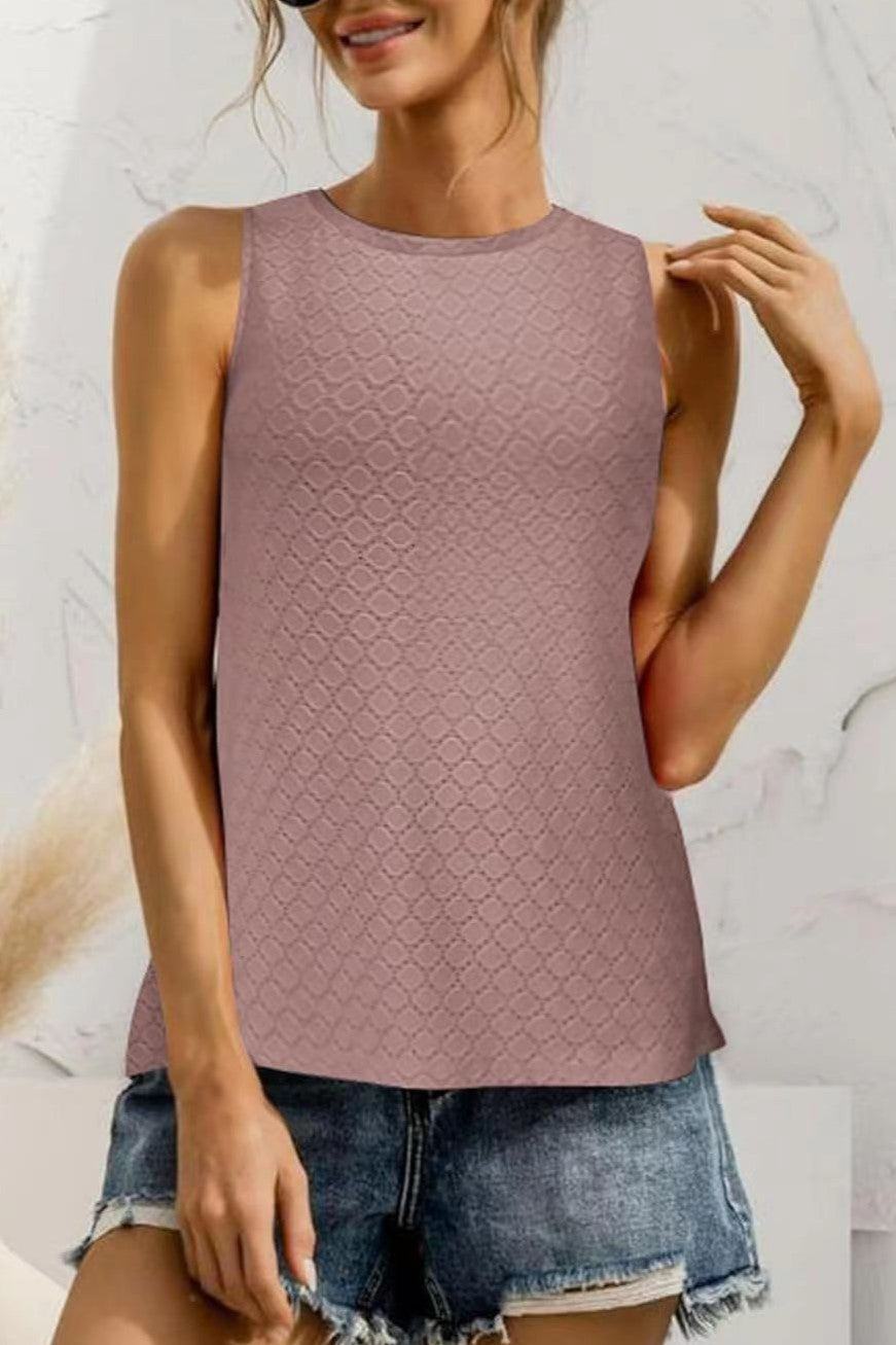 Eyelet Texture Round Neck Sleeveless Tank - Pink