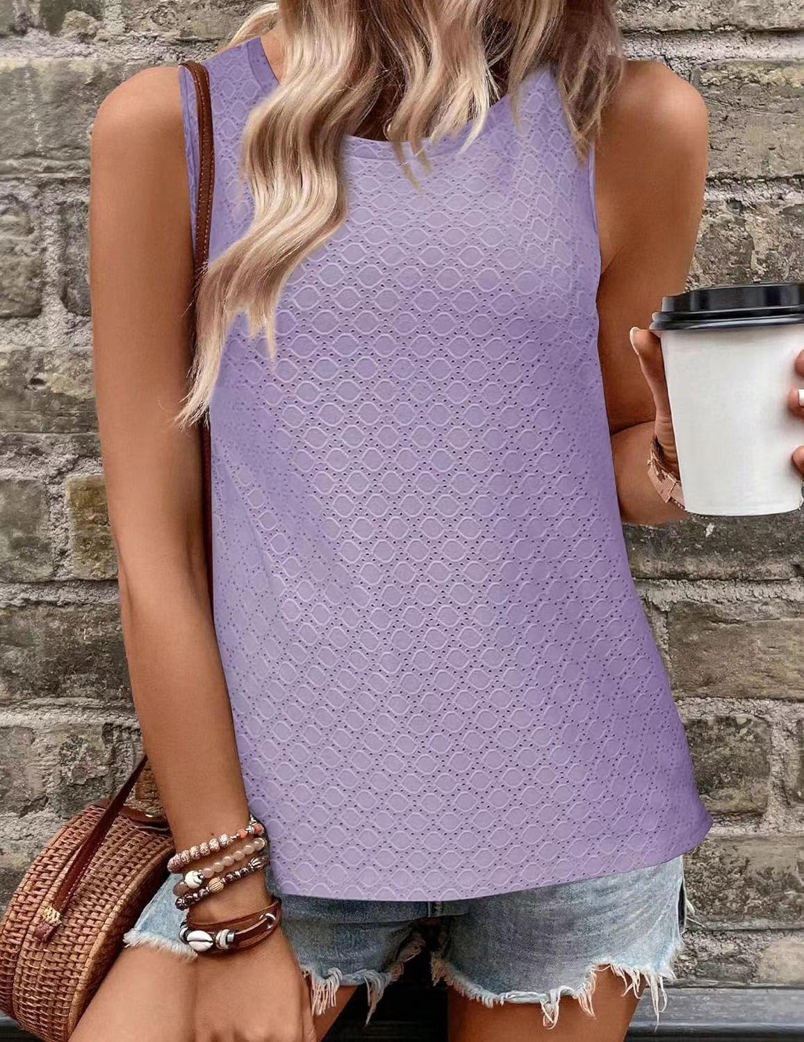 Eyelet Texture Round Neck Sleeveless Tank - Purple - 1