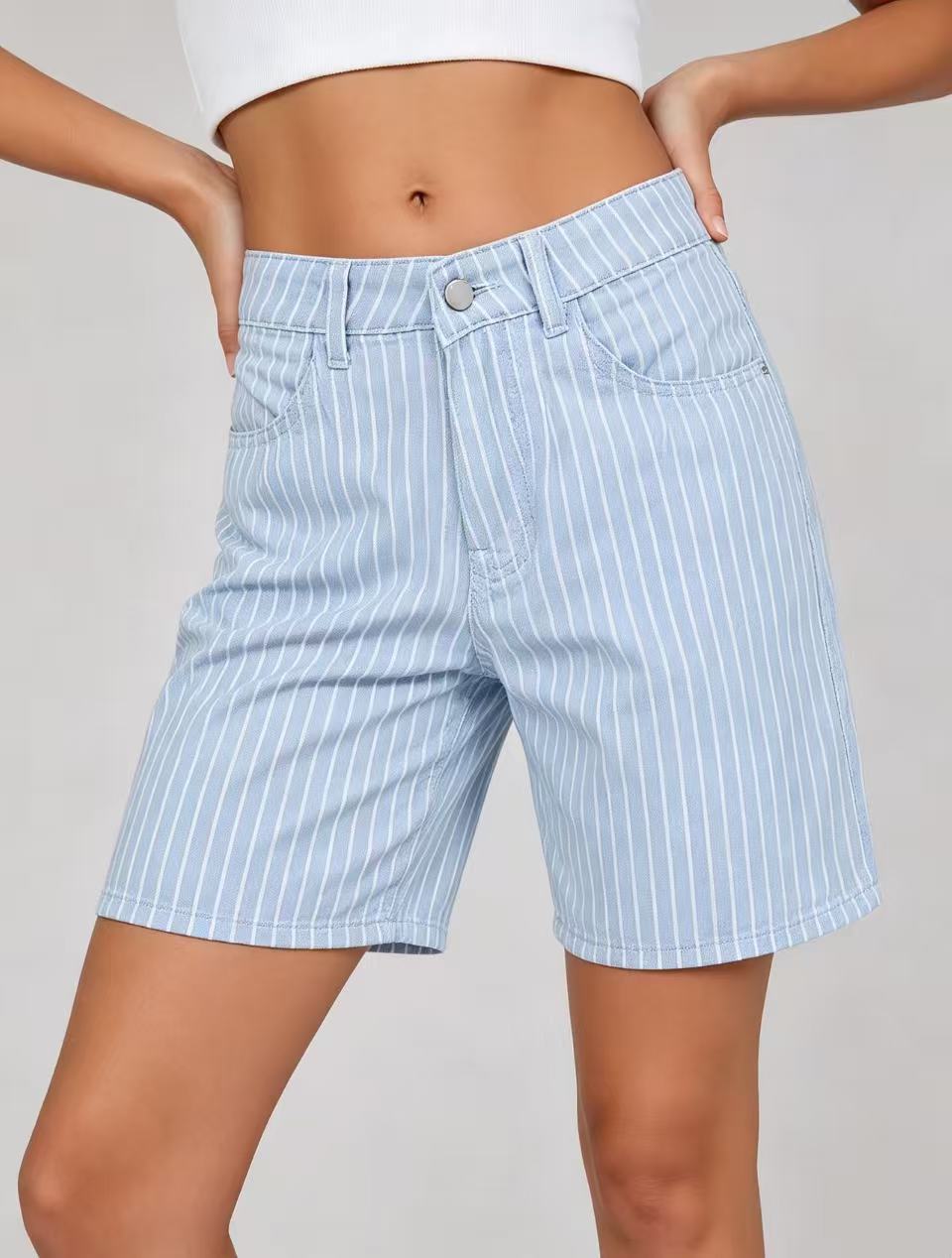 Pinstripe Bermuda Shorts With Five Pocket Styling - Blue - 2