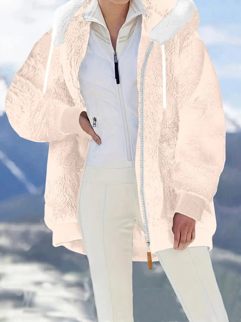 Sherpa Fleece Zip Hooded Winter Jacket - Apricot