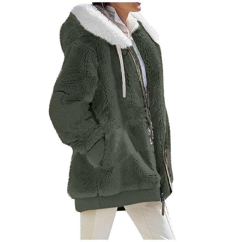 Sherpa Fleece Zip Hooded Winter Jacket - ArmyGreen
