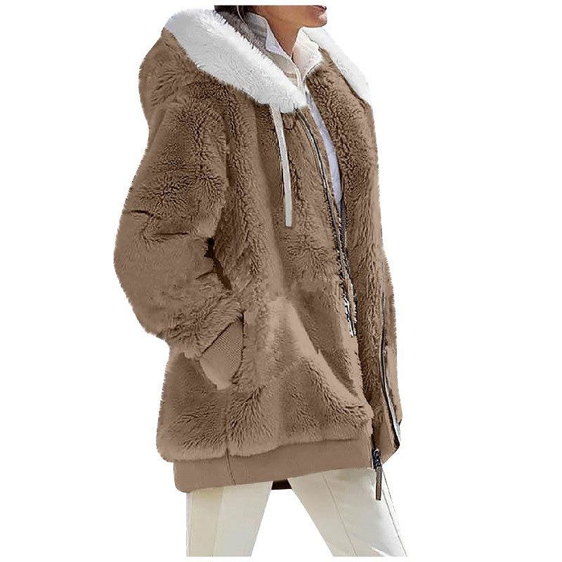 Sherpa Fleece Zip Hooded Winter Jacket - Khaki
