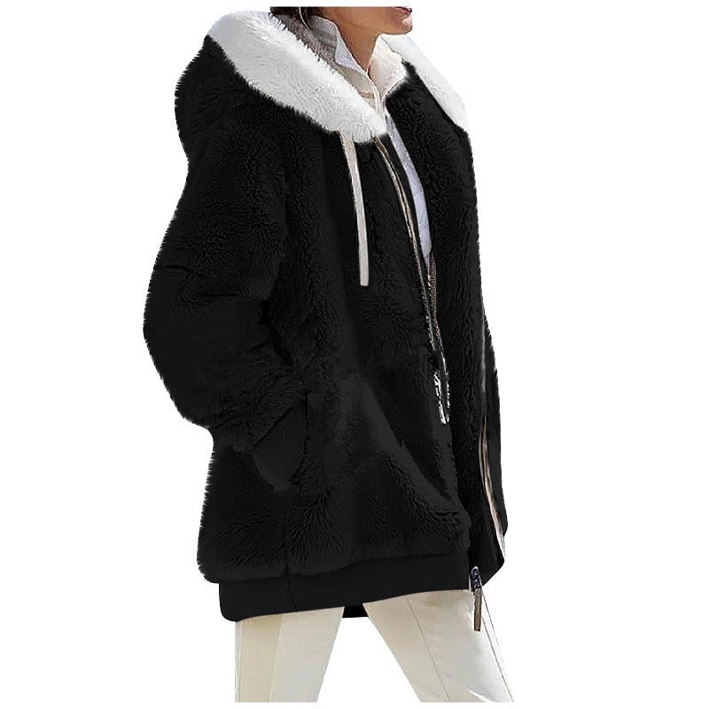 Sherpa Fleece Zip Hooded Winter Jacket - black
