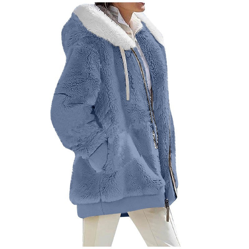 Sherpa Fleece Zip Hooded Winter Jacket - blue