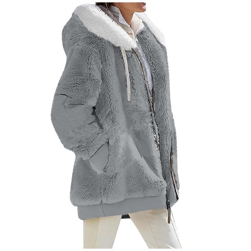 Sherpa Fleece Zip Hooded Winter Jacket - gray