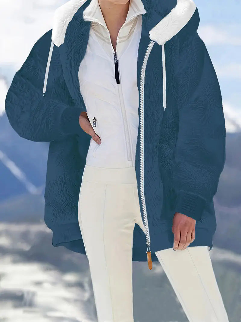 Sherpa Fleece Zip Hooded Winter Jacket - navy