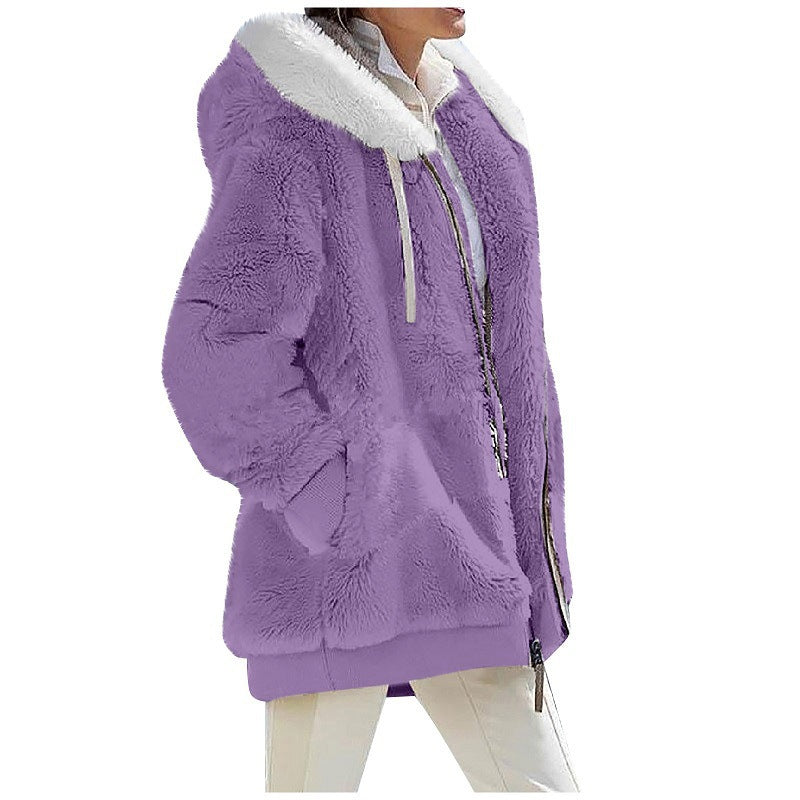 Sherpa Fleece Zip Hooded Winter Jacket - purple